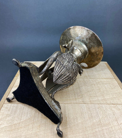 Antique Pillar Candle Holder with Peacocks. Silver Plated Candle Stand. Ornate Pedestal Supported by Beautifully Sculpted Birds. - I Bought a Yard Sale