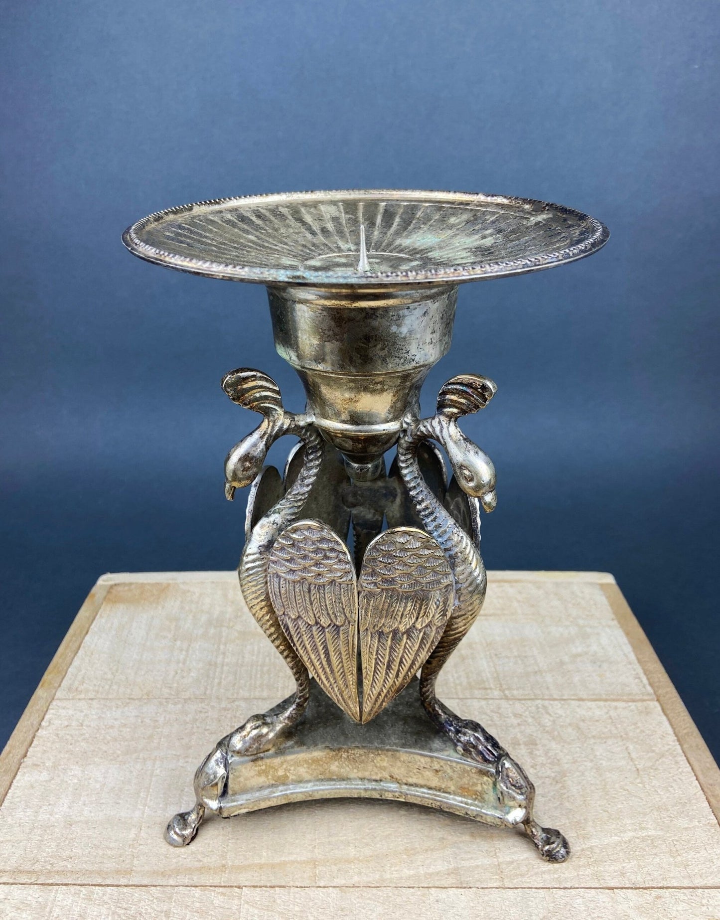 Antique Pillar Candle Holder with Peacocks. Silver Plated Candle Stand. Ornate Pedestal Supported by Beautifully Sculpted Birds. - I Bought a Yard Sale