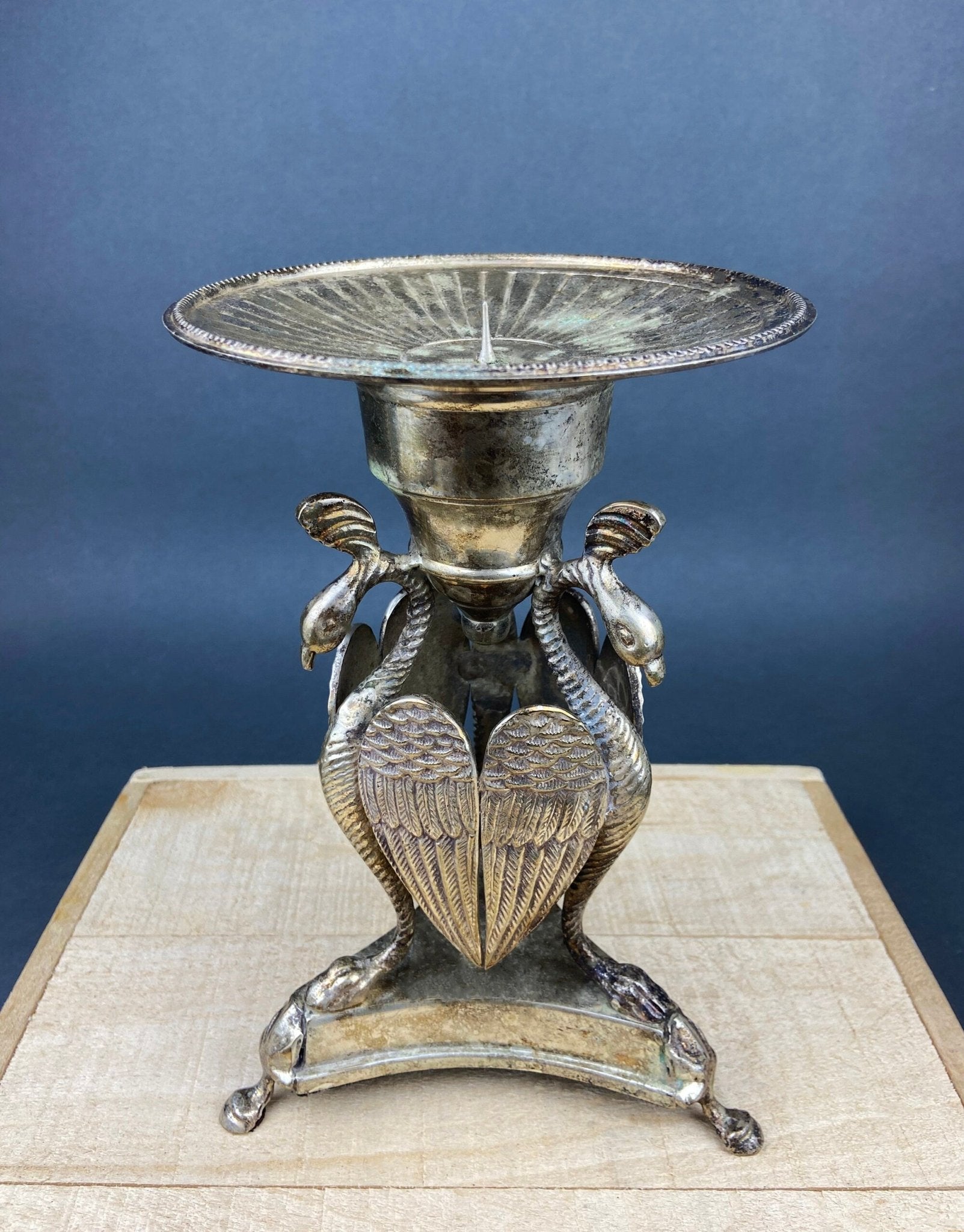 Antique Pillar Candle Holder with Peacocks. Silver Plated Candle Stand. Ornate Pedestal Supported by Beautifully Sculpted Birds. - I Bought a Yard Sale