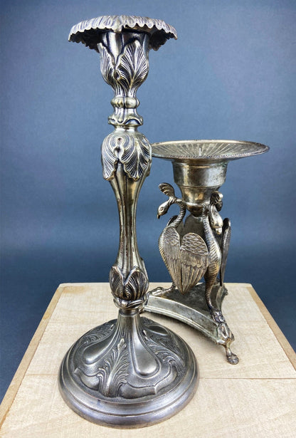 Antique Pillar Candle Holder with Peacocks. Silver Plated Candle Stand. Ornate Pedestal Supported by Beautifully Sculpted Birds. - I Bought a Yard Sale