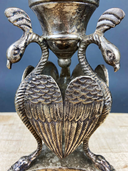 Antique Pillar Candle Holder with Peacocks. Silver Plated Candle Stand. Ornate Pedestal Supported by Beautifully Sculpted Birds. - I Bought a Yard Sale