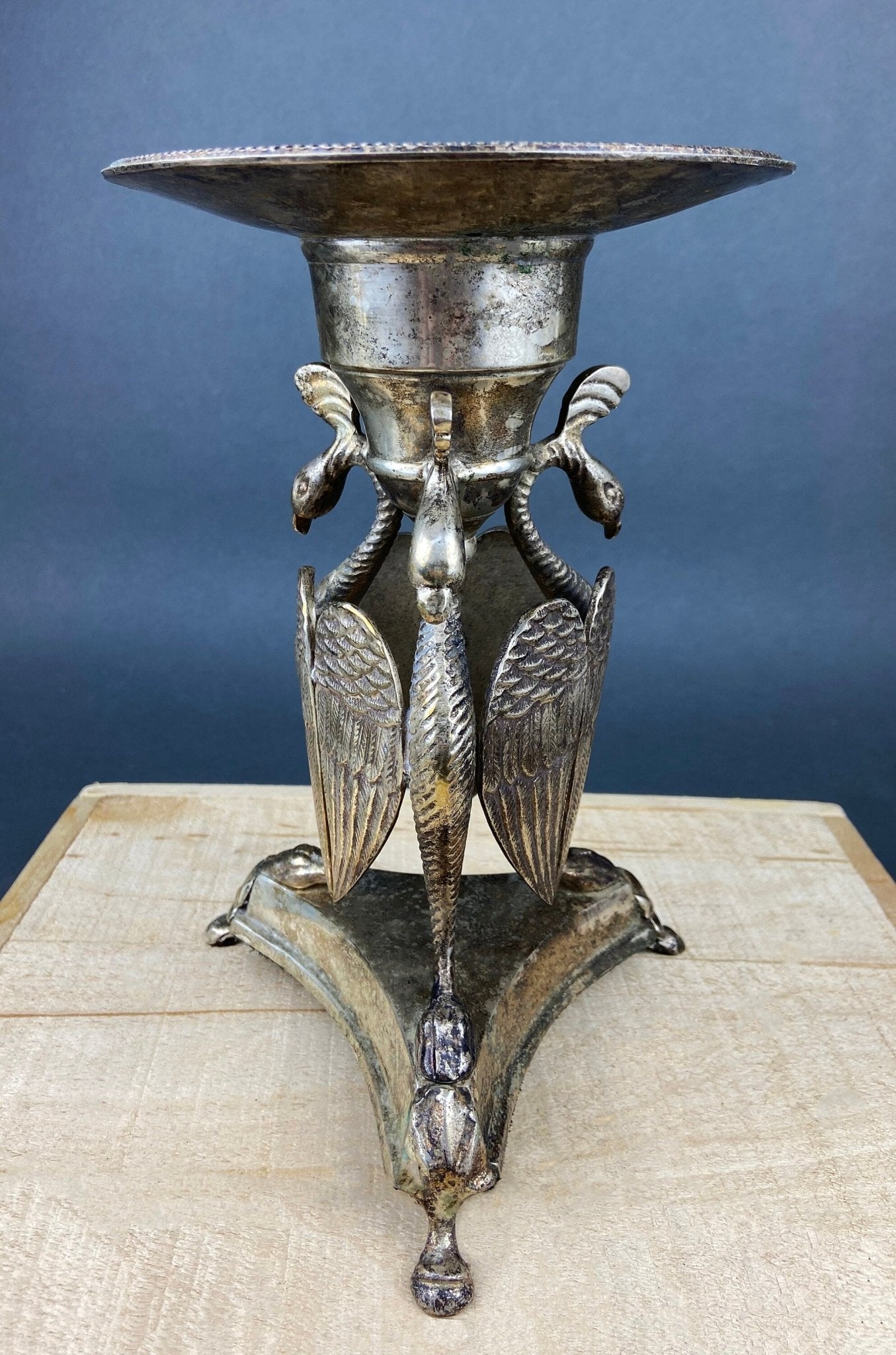 Antique Pillar Candle Holder with Peacocks. Silver Plated Candle Stand. Ornate Pedestal Supported by Beautifully Sculpted Birds. - I Bought a Yard Sale