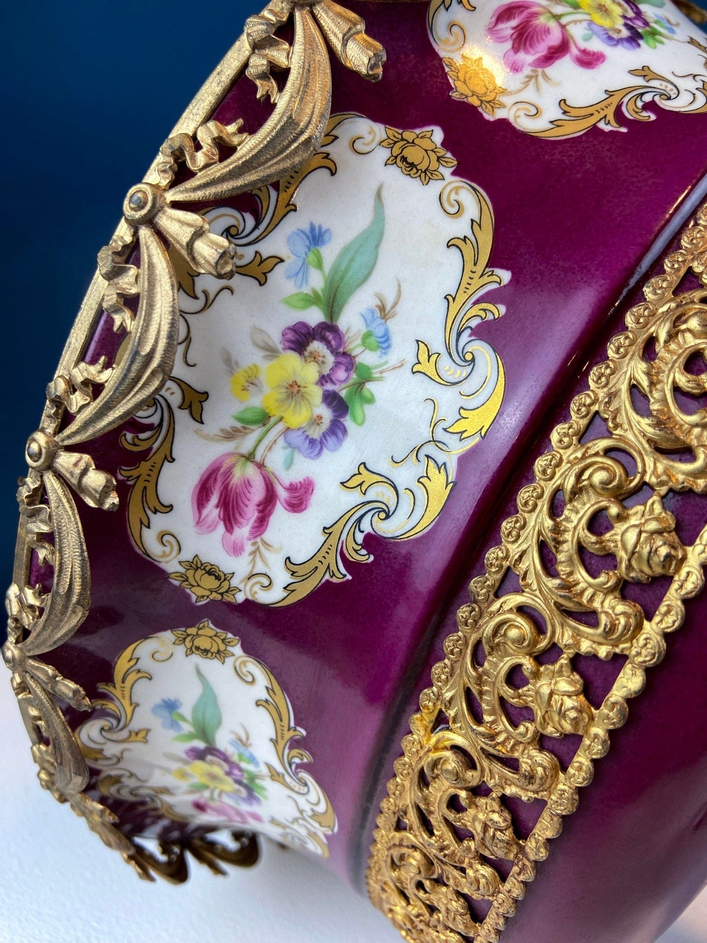 Antique Porcelain Burgundy & Gold Footed Bowl with Marble Base. Hand Painted Roses Storage Dish with Dolphin Feet. Ornate Marble Base. - I Bought a Yard Sale