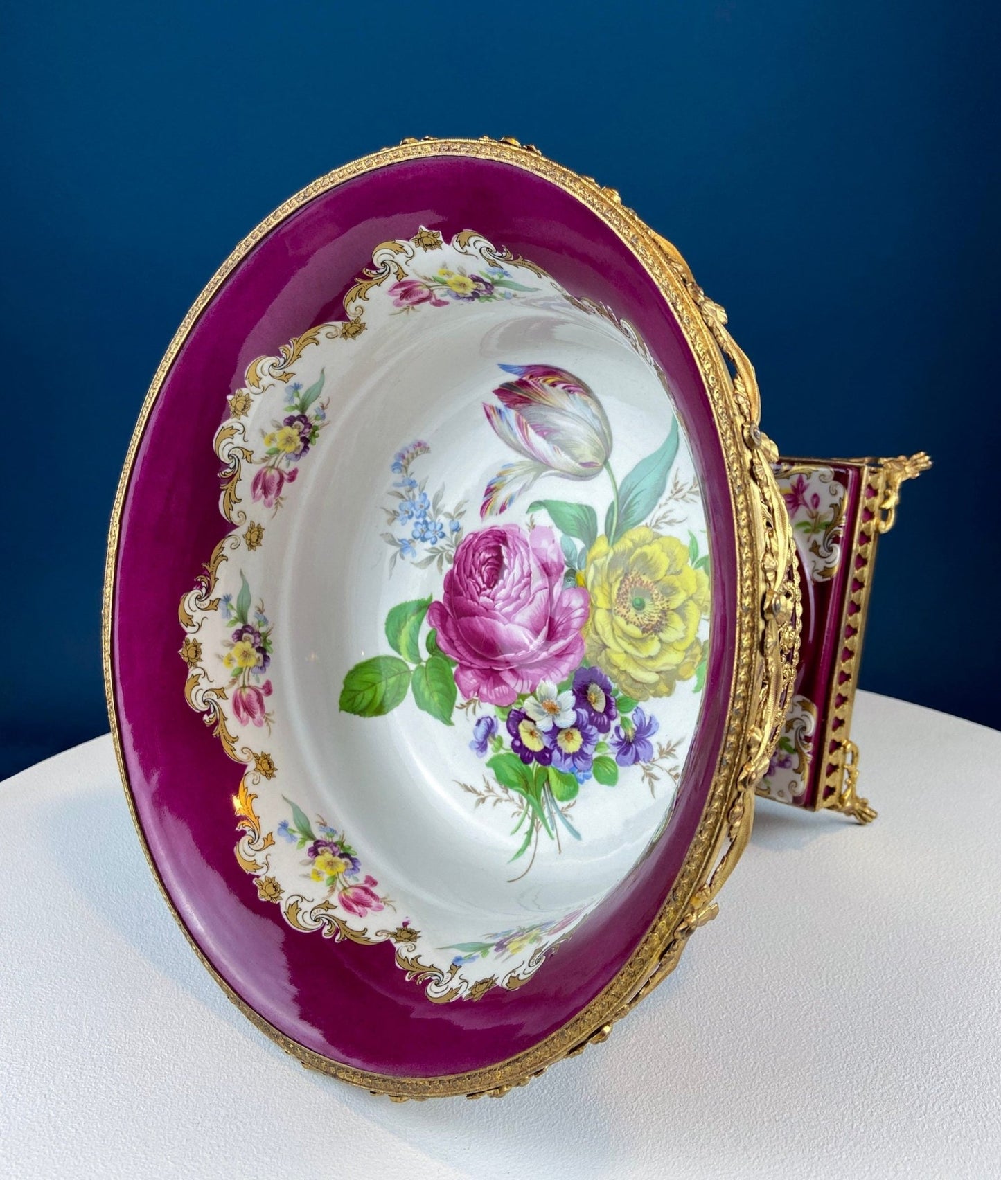Antique Porcelain Burgundy & Gold Footed Bowl with Marble Base. Hand Painted Roses Storage Dish with Dolphin Feet. Ornate Marble Base. - I Bought a Yard Sale