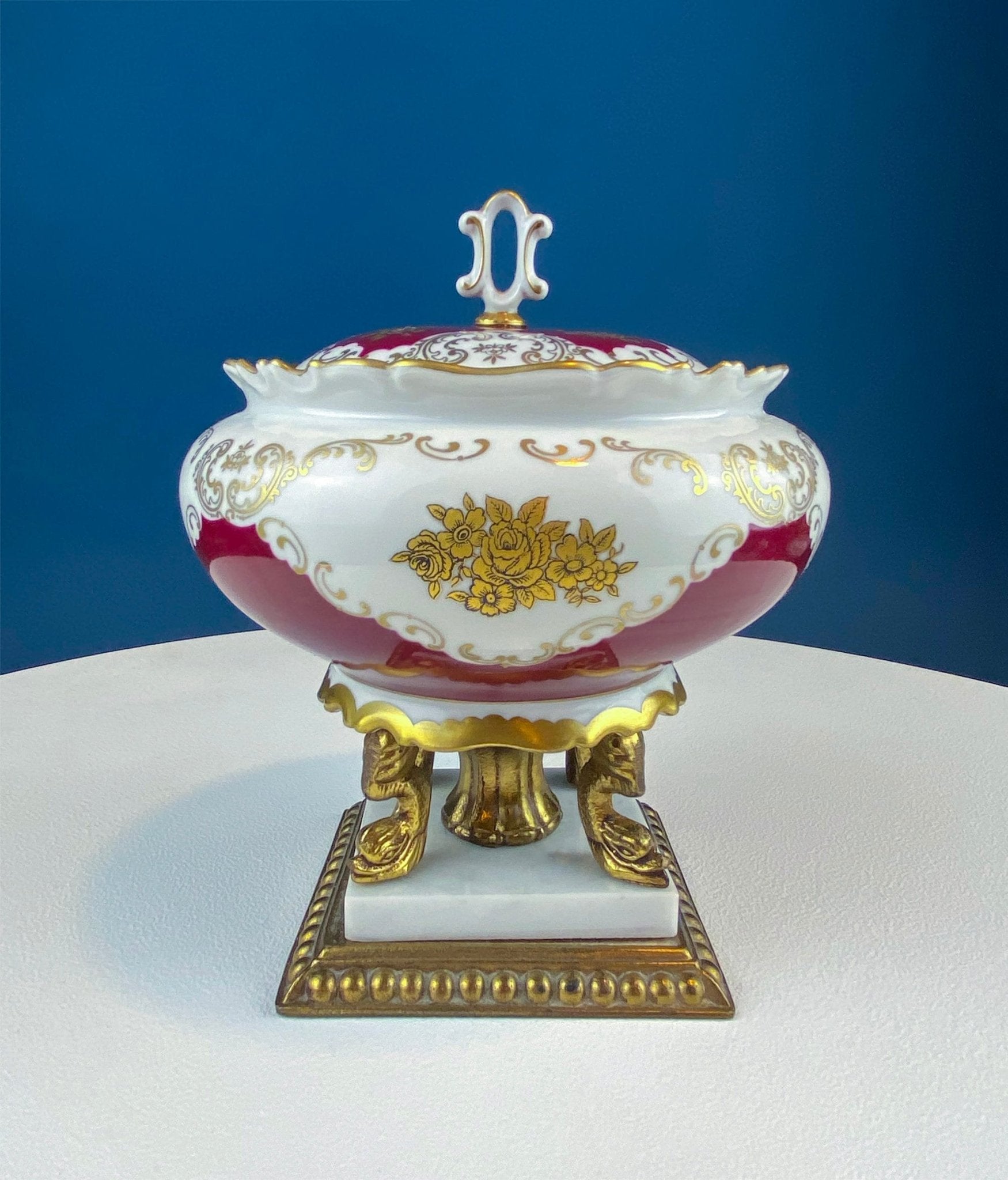 Antique Porcelain Burgundy & Gold Footed Bowl with Marble Base. Hand Painted Roses Storage Dish with Dolphin Feet. Ornate Marble Base. - I Bought a Yard Sale