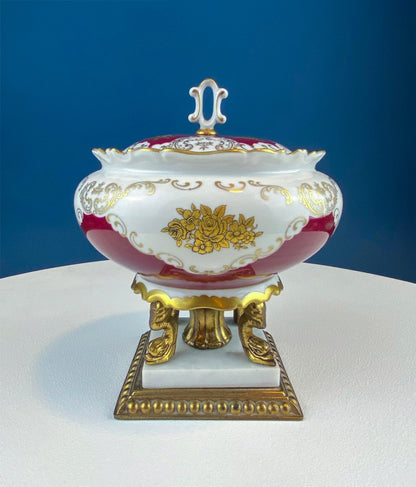 Antique Porcelain Burgundy & Gold Footed Bowl with Marble Base. Hand Painted Roses Storage Dish with Dolphin Feet. Ornate Marble Base. - I Bought a Yard Sale