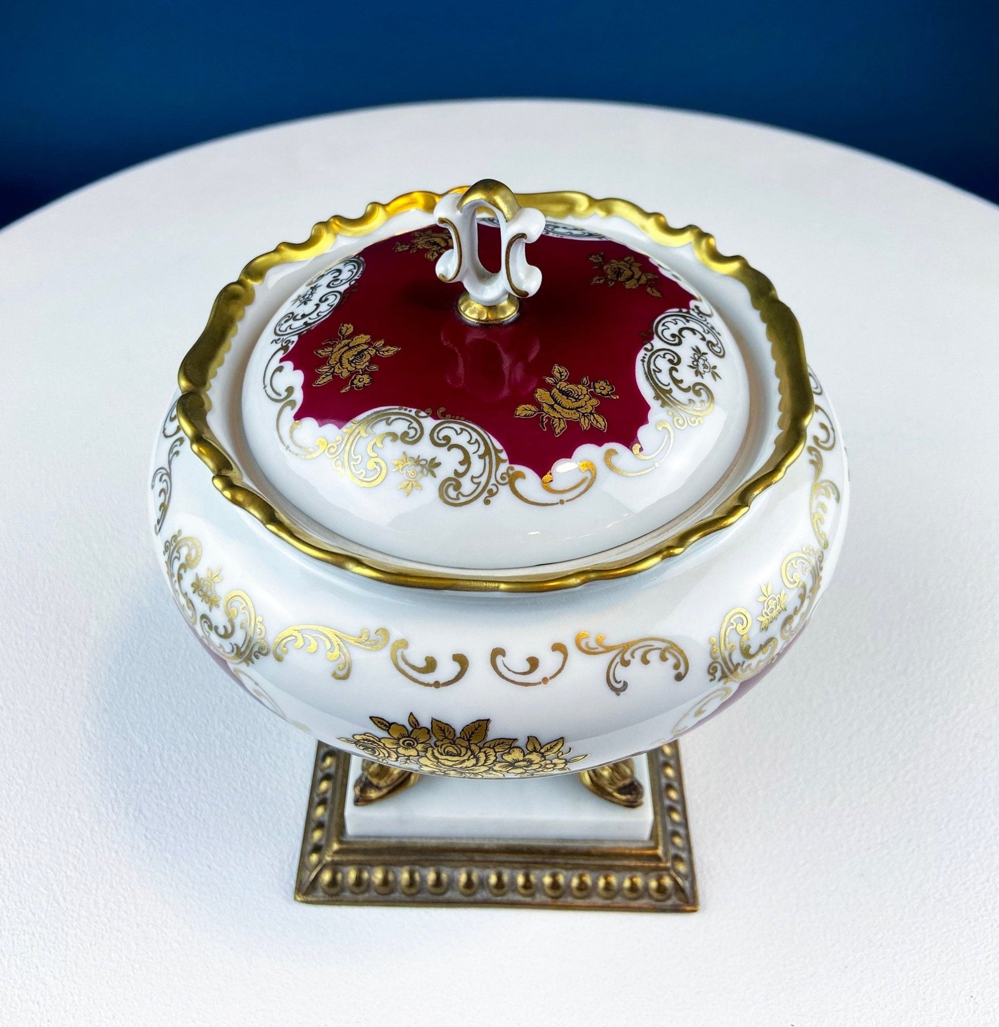 Antique Porcelain Burgundy & Gold Footed Bowl with Marble Base. Hand Painted Roses Storage Dish with Dolphin Feet. Ornate Marble Base. - I Bought a Yard Sale