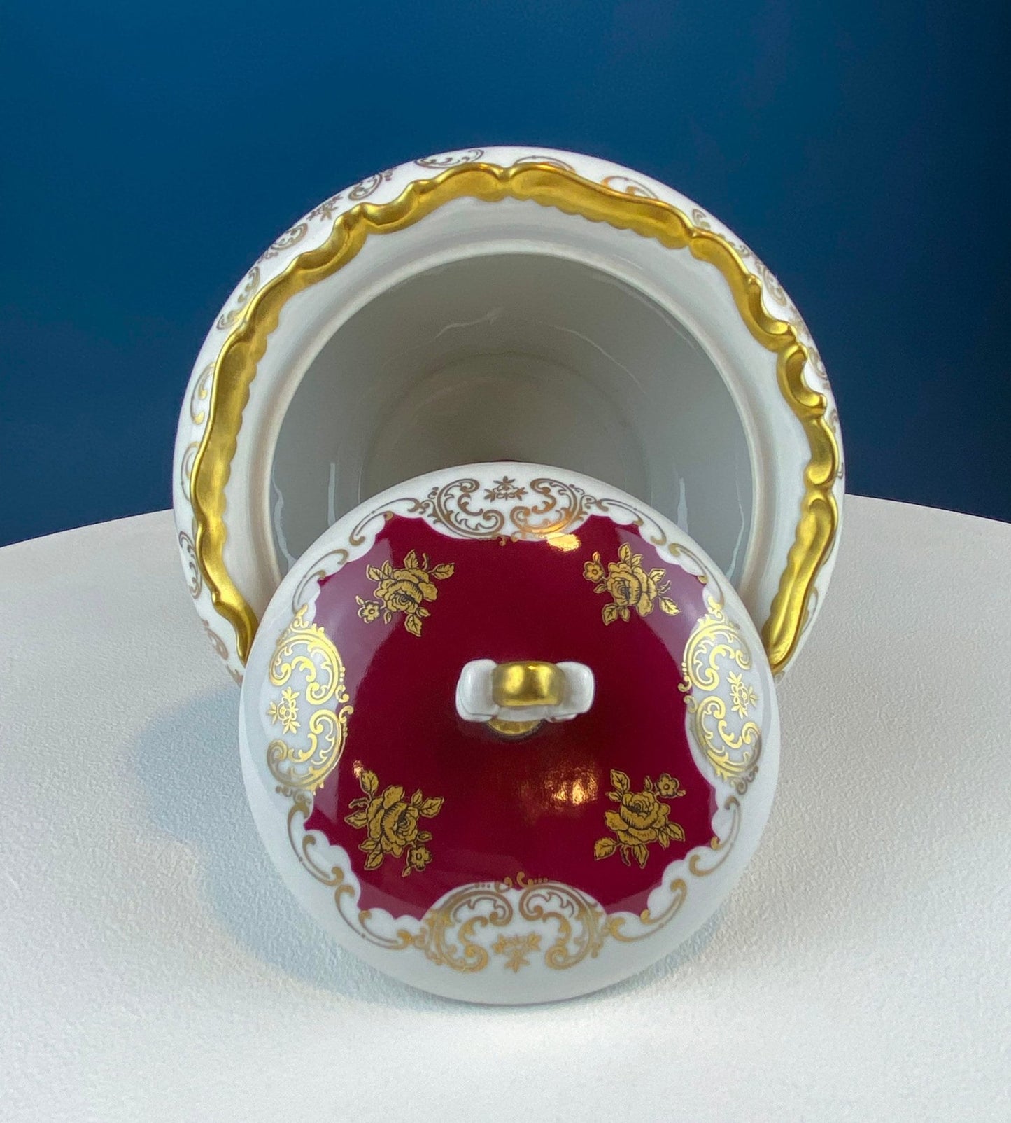 Antique Porcelain Burgundy & Gold Footed Bowl with Marble Base. Hand Painted Roses Storage Dish with Dolphin Feet. Ornate Marble Base. - I Bought a Yard Sale