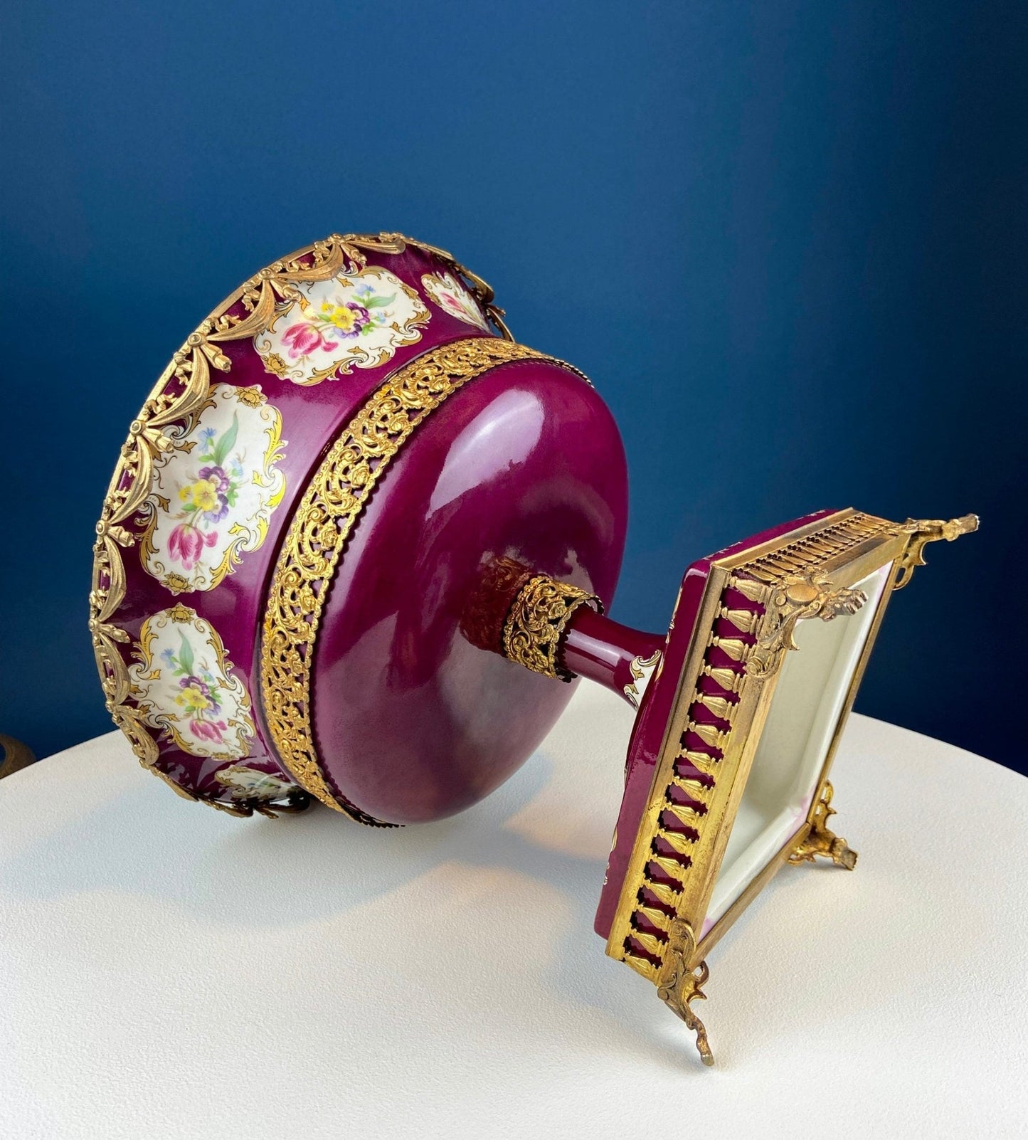 Antique Porcelain Burgundy & Gold Footed Bowl with Marble Base. Hand Painted Roses Storage Dish with Dolphin Feet. Ornate Marble Base. - I Bought a Yard Sale