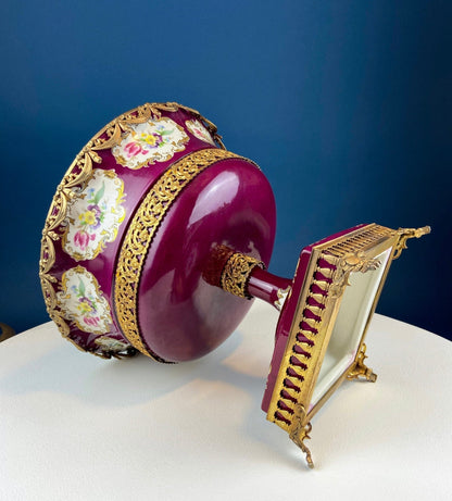 Antique Porcelain Burgundy & Gold Footed Bowl with Marble Base. Hand Painted Roses Storage Dish with Dolphin Feet. Ornate Marble Base. - I Bought a Yard Sale
