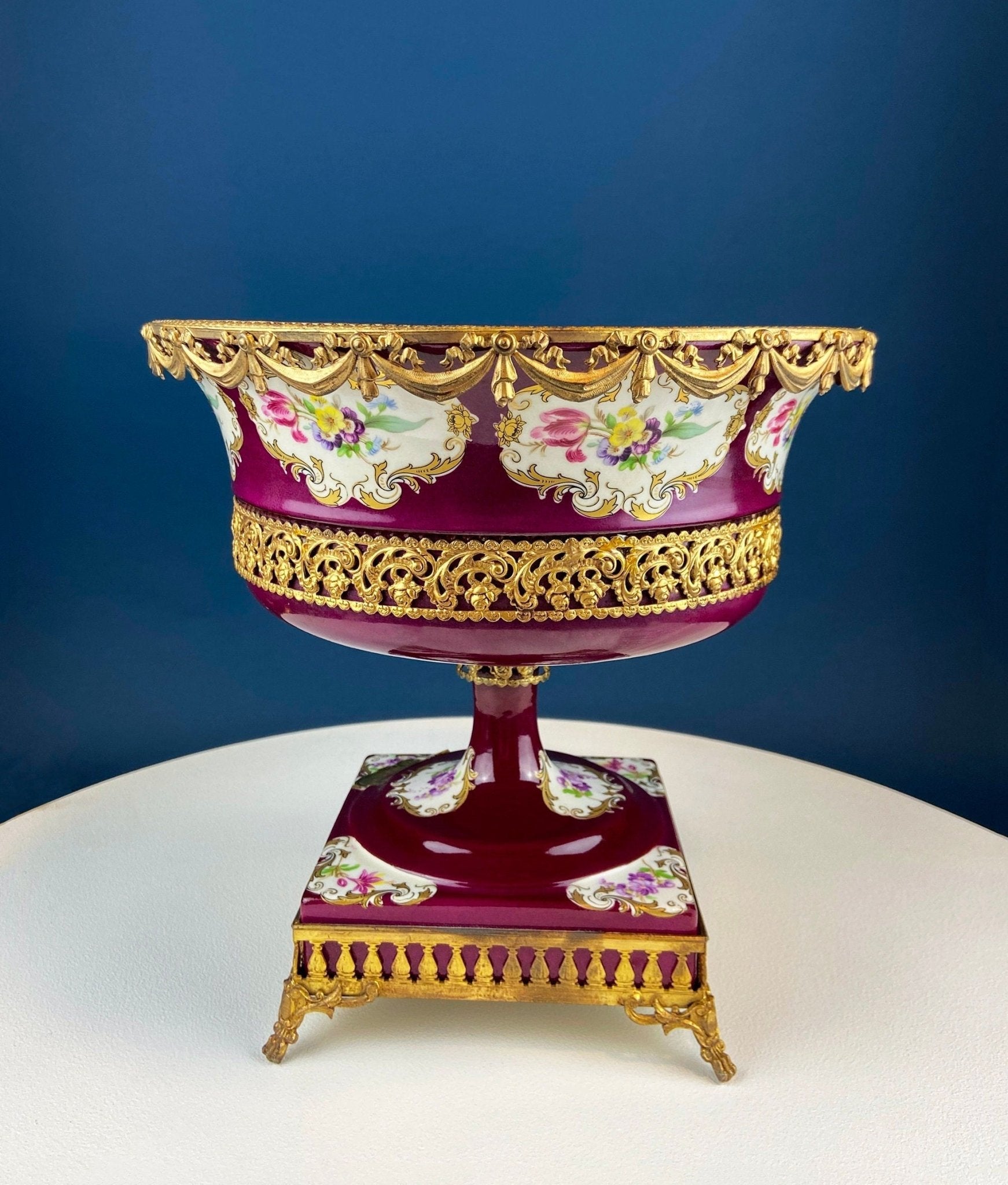 Antique Porcelain Burgundy & Gold Footed Bowl with Marble Base. Hand Painted Roses Storage Dish with Dolphin Feet. Ornate Marble Base. - I Bought a Yard Sale