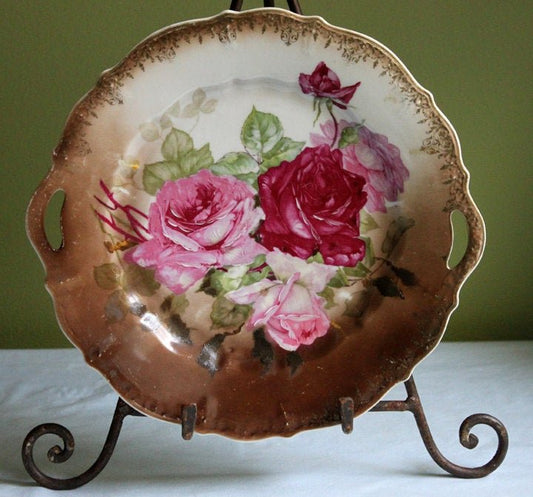 Antique Porcelain Plate with Handles - Hand Painted Roses - I Bought a Yard Sale