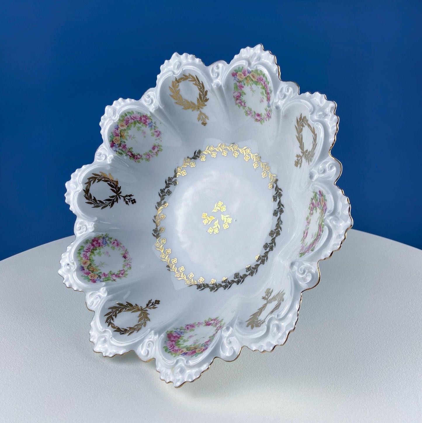 Antique Porcelain Serving Bowl with Scalloped Brim. Gold Laurel Leaf Motif & Rose Garlands. Fine Austrian Porcelain. Kitchen Table Decor. - I Bought a Yard Sale