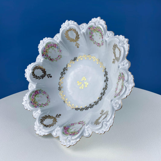 Antique Porcelain Serving Bowl with Scalloped Brim. Gold Laurel Leaf Motif & Rose Garlands. Fine Austrian Porcelain. Kitchen Table Decor. - I Bought a Yard Sale