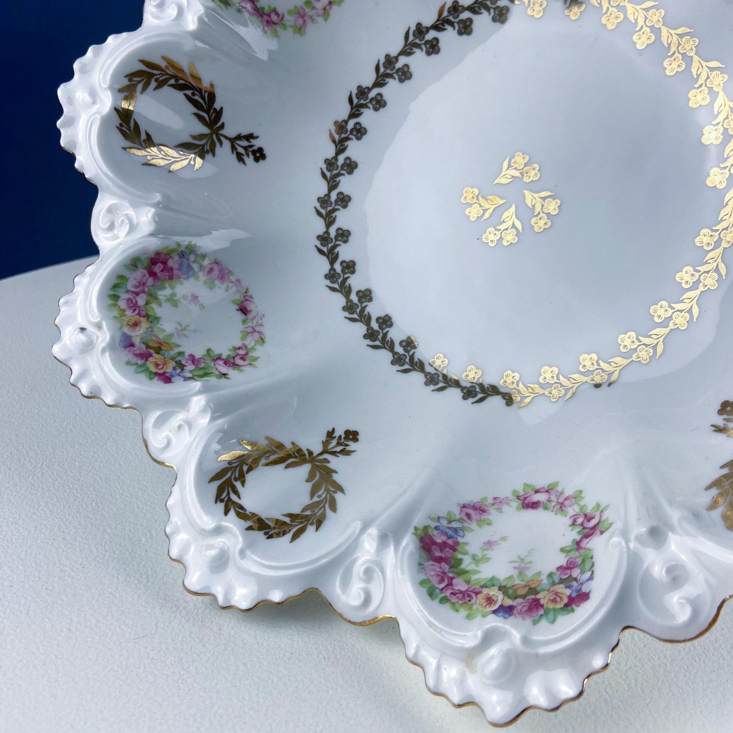 Antique Porcelain Serving Bowl with Scalloped Brim. Gold Laurel Leaf Motif & Rose Garlands. Fine Austrian Porcelain. Kitchen Table Decor. - I Bought a Yard Sale