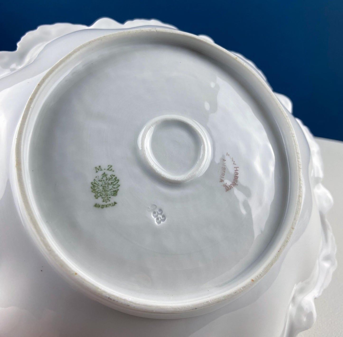 Antique Porcelain Serving Bowl with Scalloped Brim. Gold Laurel Leaf Motif & Rose Garlands. Fine Austrian Porcelain. Kitchen Table Decor. - I Bought a Yard Sale