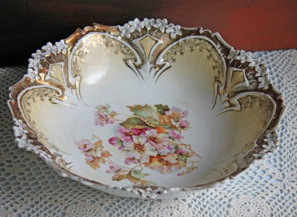 Antique Porcelain Serving Bowl with Scalloped Brim. Gold Laurel Leaf Motif & Rose Garlands. Fine Austrian Porcelain. Kitchen Table Decor. - I Bought a Yard Sale