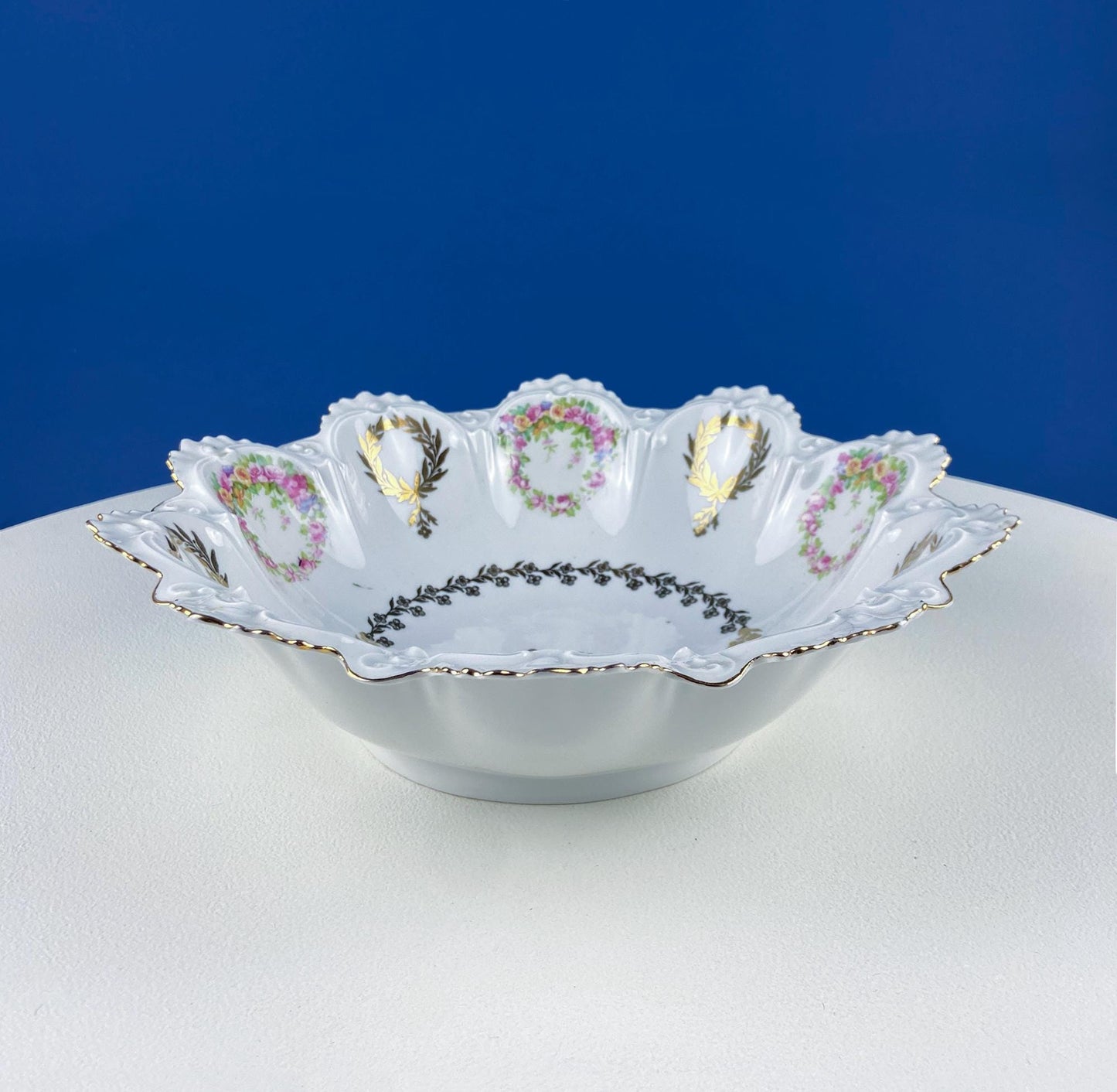 Antique Porcelain Serving Bowl with Scalloped Brim. Gold Laurel Leaf Motif & Rose Garlands. Fine Austrian Porcelain. Kitchen Table Decor. - I Bought a Yard Sale