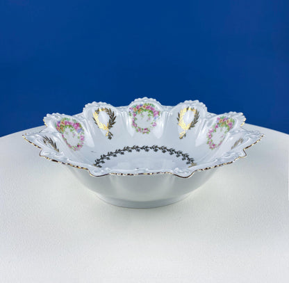 Antique Porcelain Serving Bowl with Scalloped Brim. Gold Laurel Leaf Motif & Rose Garlands. Fine Austrian Porcelain. Kitchen Table Decor. - I Bought a Yard Sale