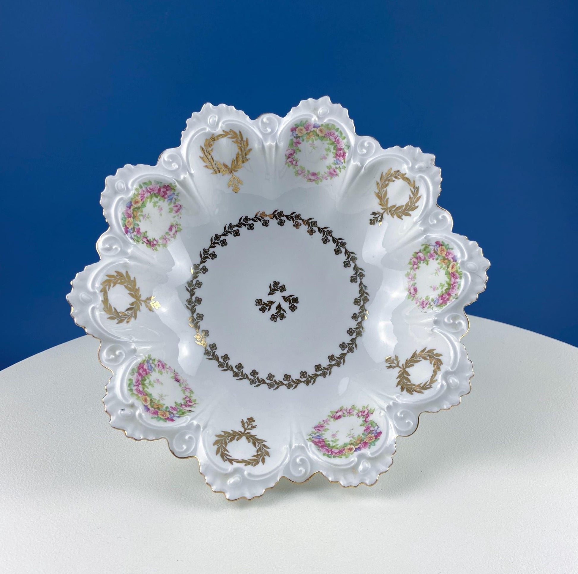 Antique Porcelain Serving Bowl with Scalloped Brim. Gold Laurel Leaf Motif & Rose Garlands. Fine Austrian Porcelain. Kitchen Table Decor. - I Bought a Yard Sale