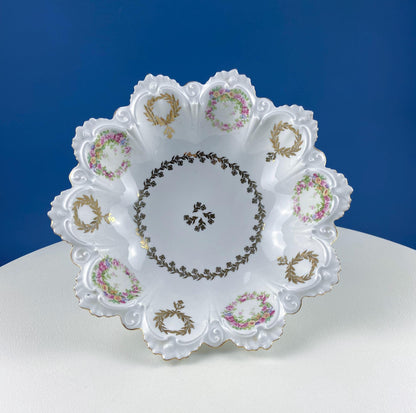 Antique Porcelain Serving Bowl with Scalloped Brim. Gold Laurel Leaf Motif & Rose Garlands. Fine Austrian Porcelain. Kitchen Table Decor. - I Bought a Yard Sale