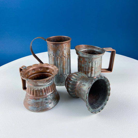 Antique Rustic Hand Pounded Copper and Tin Cups. Set of 4 Different Vessels. Beautiful Fluting. Rustic Home Decor. Gift for Him or Her. - I Bought a Yard Sale