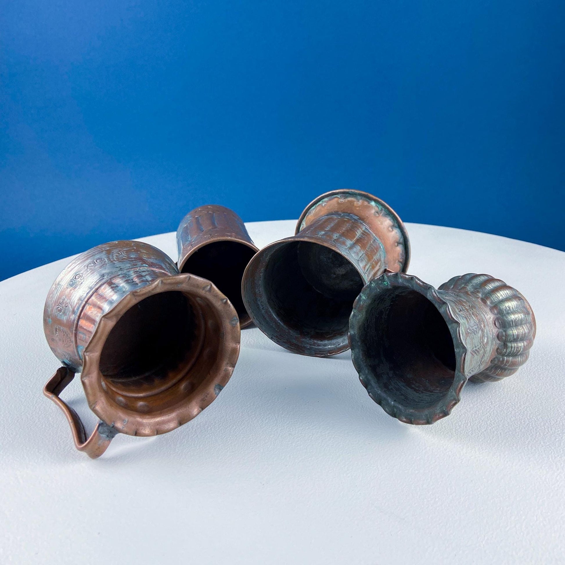 Antique Rustic Hand Pounded Copper and Tin Cups. Set of 4 Different Vessels. Beautiful Fluting. Rustic Home Decor. Gift for Him or Her. - I Bought a Yard Sale