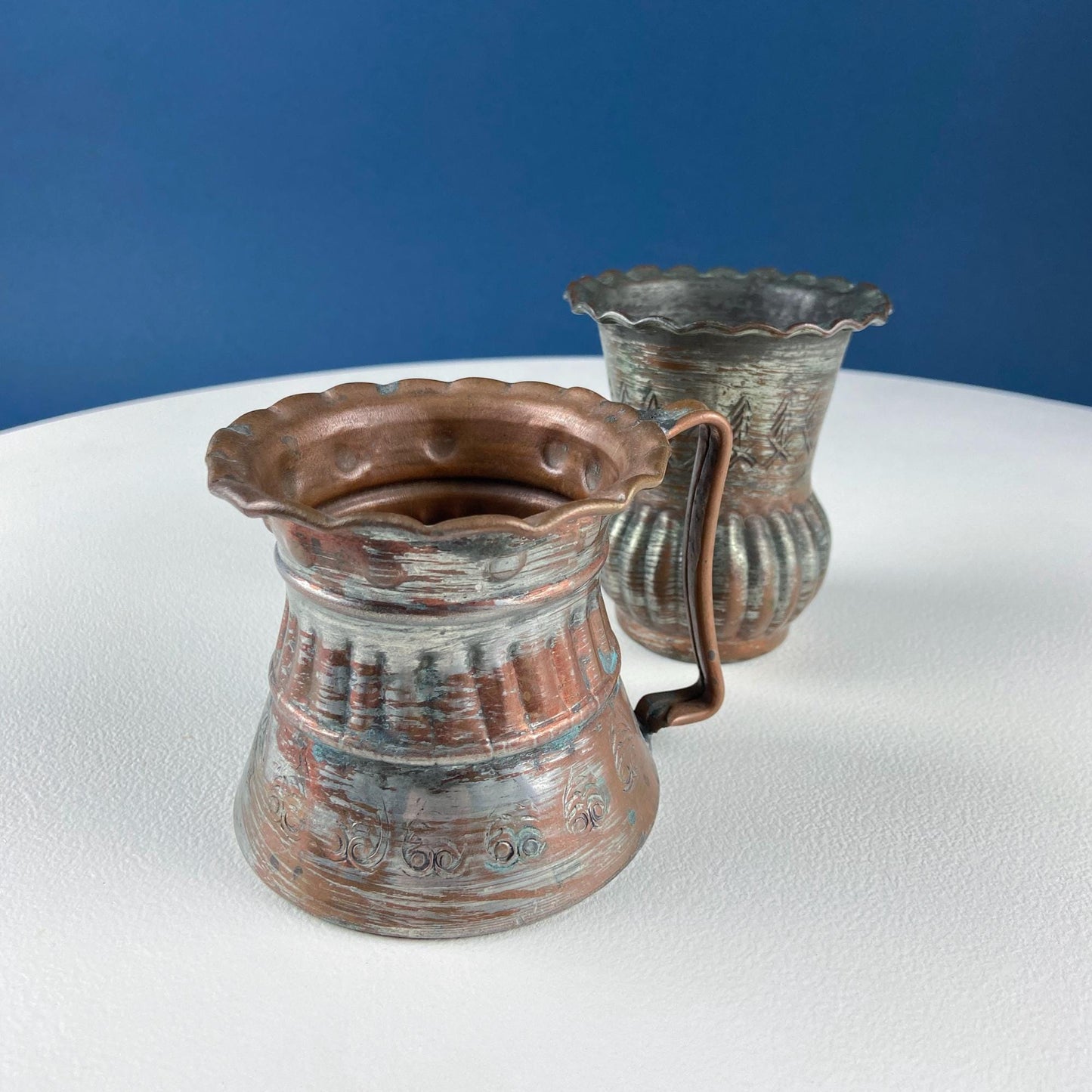 Antique Rustic Hand Pounded Copper and Tin Cups. Set of 4 Different Vessels. Beautiful Fluting. Rustic Home Decor. Gift for Him or Her. - I Bought a Yard Sale