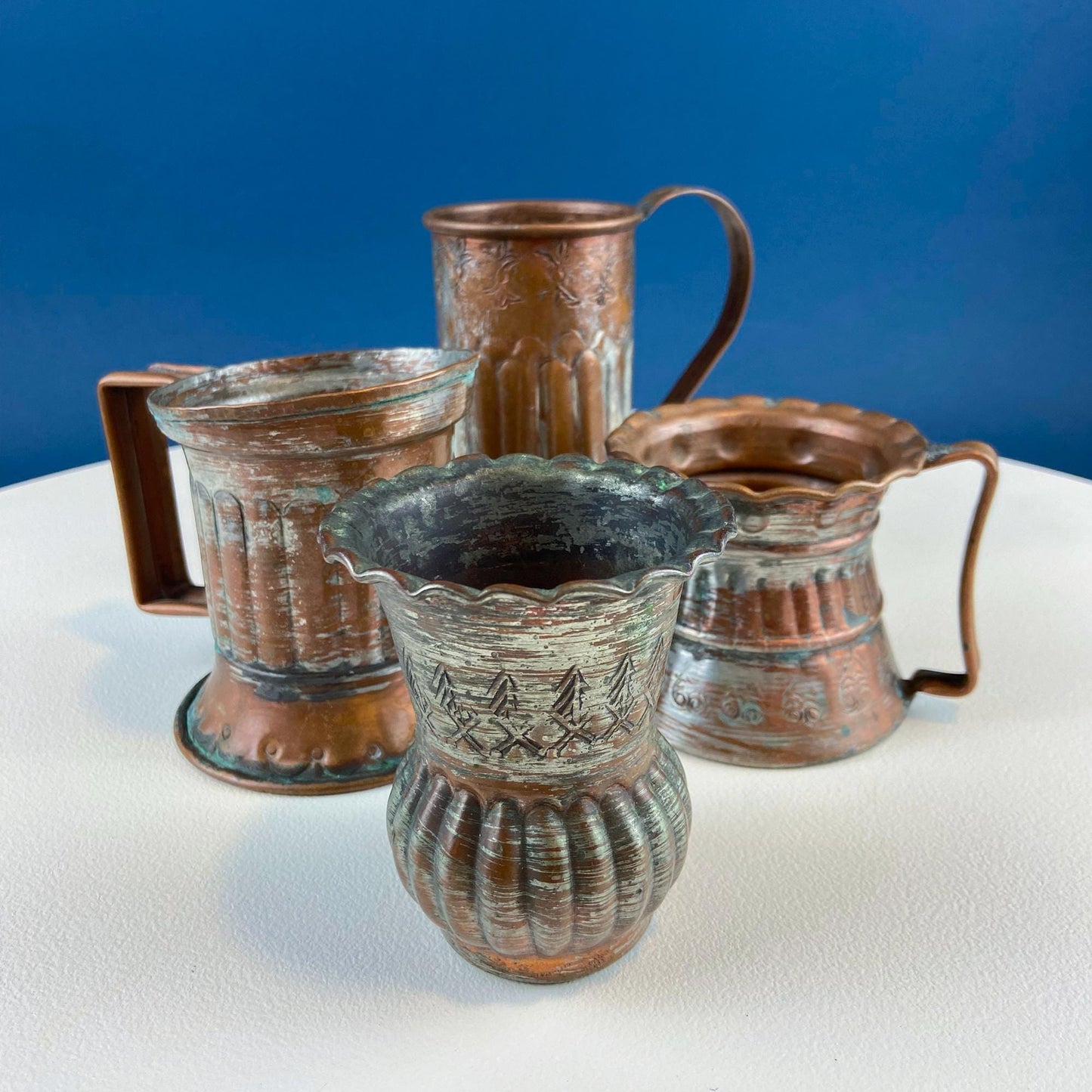 Antique Rustic Hand Pounded Copper and Tin Cups. Set of 4 Different Vessels. Beautiful Fluting. Rustic Home Decor. Gift for Him or Her. - I Bought a Yard Sale