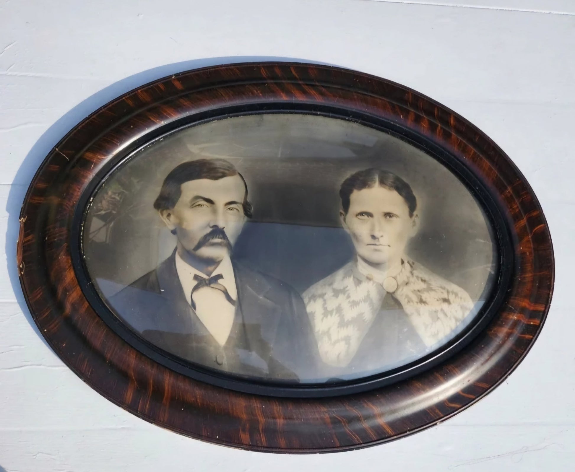 Antique Sepia Portrait In Convex Glass & Tiger Wood. 24.5" x 18.5" Frame - I Bought a Yard Sale