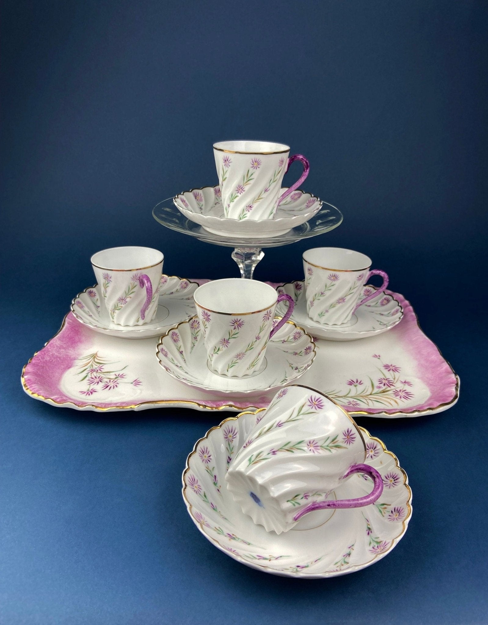 Antique Star Paragon Tea, Coffee, or Chocolate Set. Tray with Matching 5 Cups & Saucers. Delicate Fluting and Flowers. Dining Room Decor. - I Bought a Yard Sale