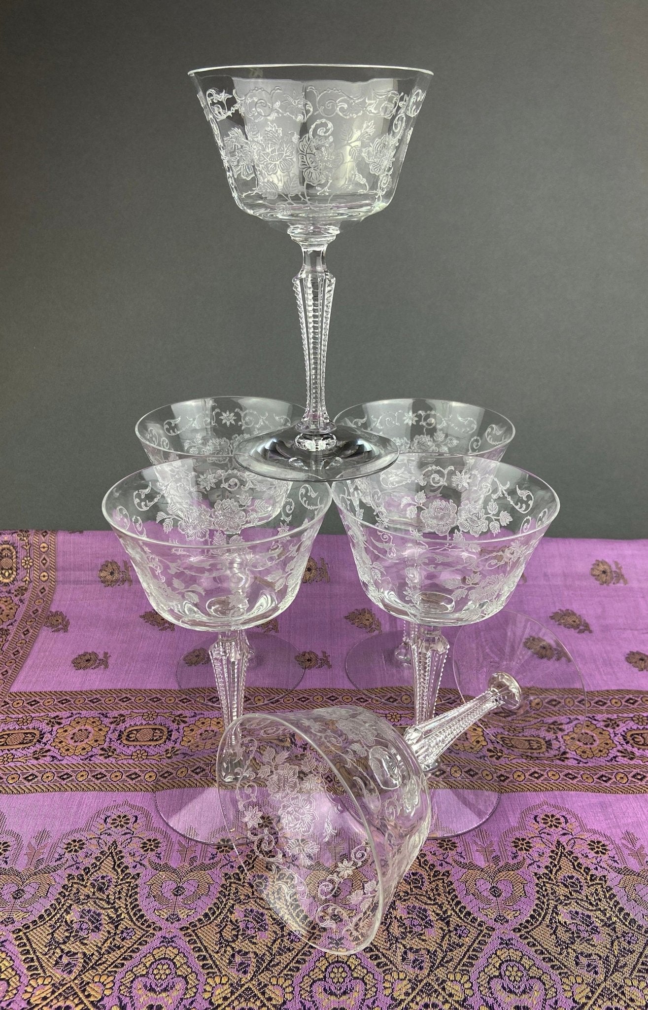 Antique Tall Sherbet Crystal Glasses by Fostoria. Etched Midnight Rose Pattern. Set of Six, 4 oz, Glassware. Replacements. Fine Dining. - I Bought a Yard Sale