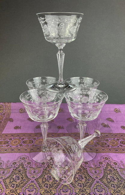 Antique Tall Sherbet Crystal Glasses by Fostoria. Etched Midnight Rose Pattern. Set of Six, 4 oz, Glassware. Replacements. Fine Dining. - I Bought a Yard Sale