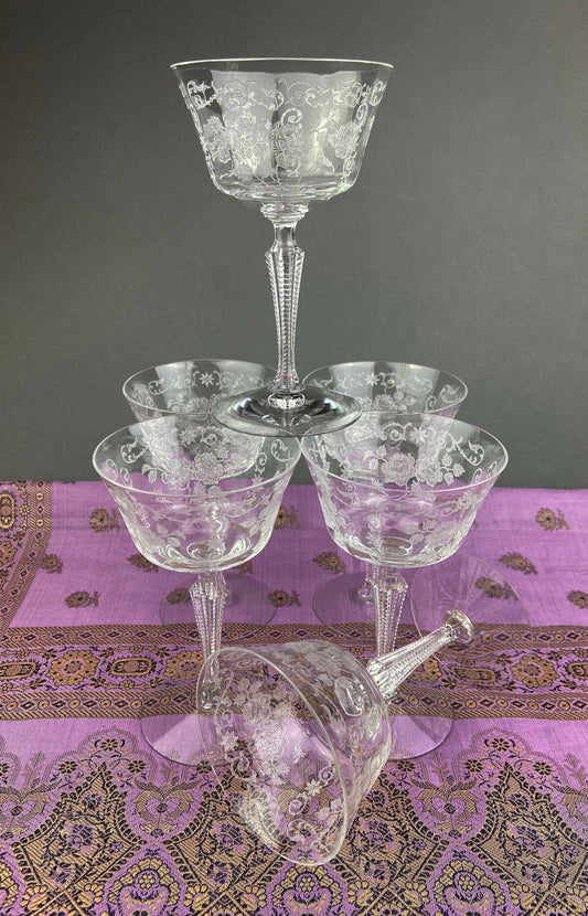 Antique Tall Sherbet Crystal Glasses by Fostoria. Etched Midnight Rose Pattern. Set of Six, 4 oz, Glassware. Replacements. Fine Dining. - I Bought a Yard Sale