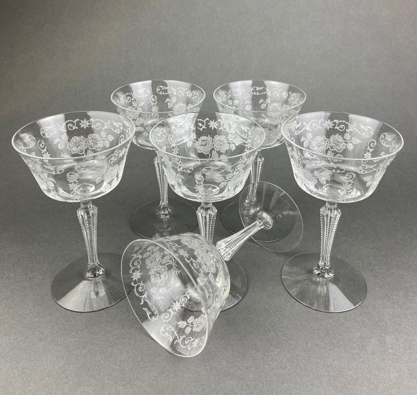 Antique Tall Sherbet Crystal Glasses by Fostoria. Etched Midnight Rose Pattern. Set of Six, 4 oz, Glassware. Replacements. Fine Dining. - I Bought a Yard Sale