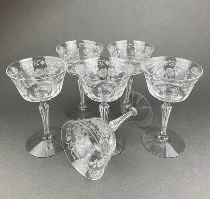 Antique Tall Sherbet Crystal Glasses by Fostoria. Etched Midnight Rose Pattern. Set of Six, 4 oz, Glassware. Replacements. Fine Dining. - I Bought a Yard Sale