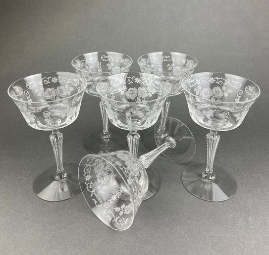 Antique Tall Sherbet Crystal Glasses by Fostoria. Etched Midnight Rose Pattern. Set of Six, 4 oz, Glassware. Replacements. Fine Dining. - I Bought a Yard Sale