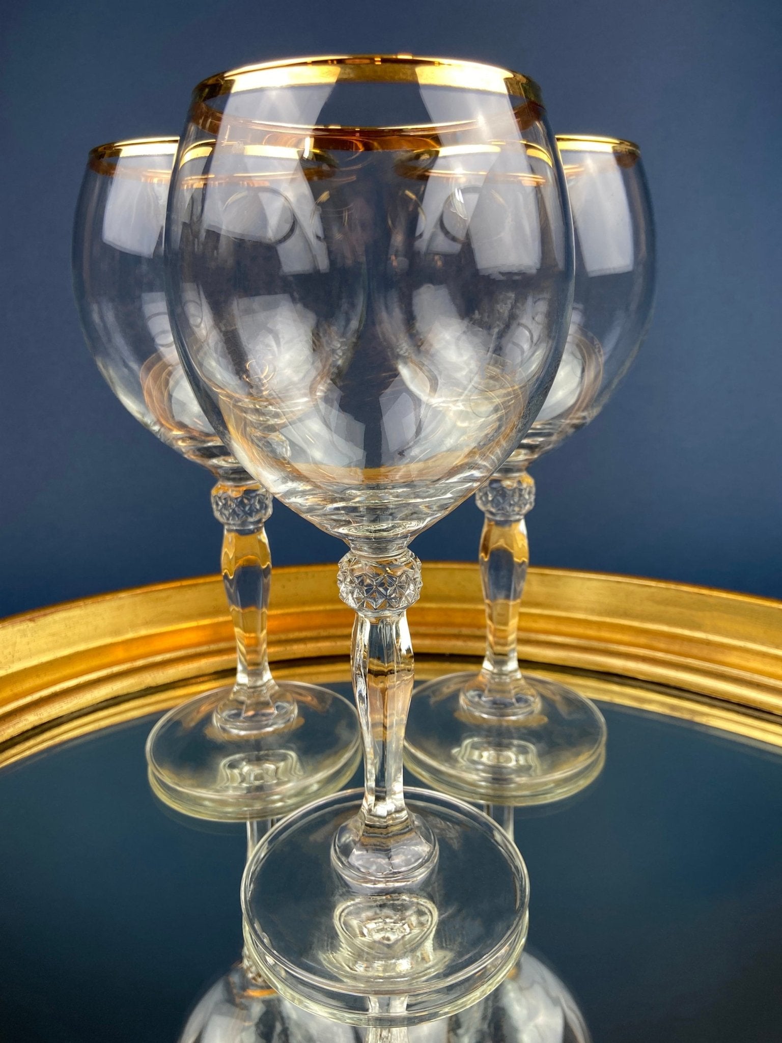 Antique Tiffin Franciscan Wine Goblets with Embossed Gold Rims. Set of 6 Faceted Mid Century Stemware. 24K Gold. Dining Room Decor. - I Bought a Yard Sale