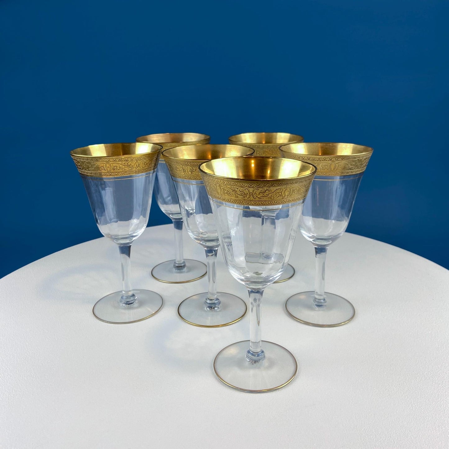 Antique Tiffin Franciscan Wine Goblets with Embossed Gold Rims. Set of 6 Faceted Mid Century Stemware. 24K Gold. Dining Room Decor. - I Bought a Yard Sale