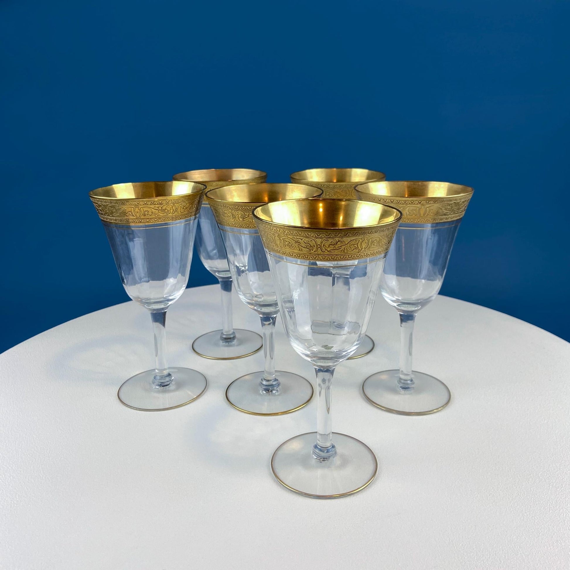 Antique Tiffin Franciscan Wine Goblets with Embossed Gold Rims. Set of 6 Faceted Mid Century Stemware. 24K Gold. Dining Room Decor. - I Bought a Yard Sale