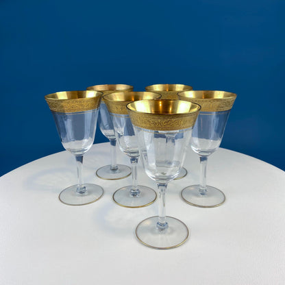 Antique Tiffin Franciscan Wine Goblets with Embossed Gold Rims. Set of 6 Faceted Mid Century Stemware. 24K Gold. Dining Room Decor. - I Bought a Yard Sale