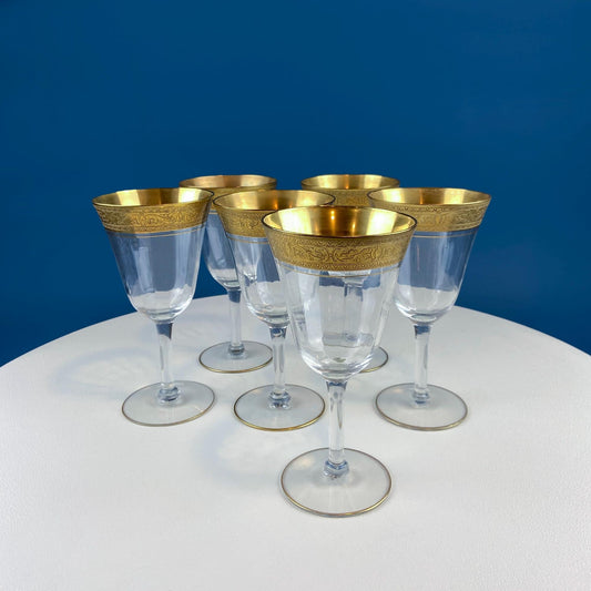Antique Tiffin Franciscan Wine Goblets with Embossed Gold Rims. Set of 6 Faceted Mid Century Stemware. 24K Gold. Dining Room Decor. - I Bought a Yard Sale
