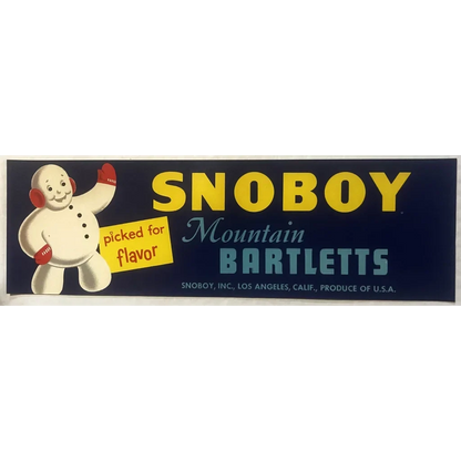Vintage Snoboy Snowman Crate Label ❄️ Mountain Bartletts Pear Advertising Art, Los Angeles Calif