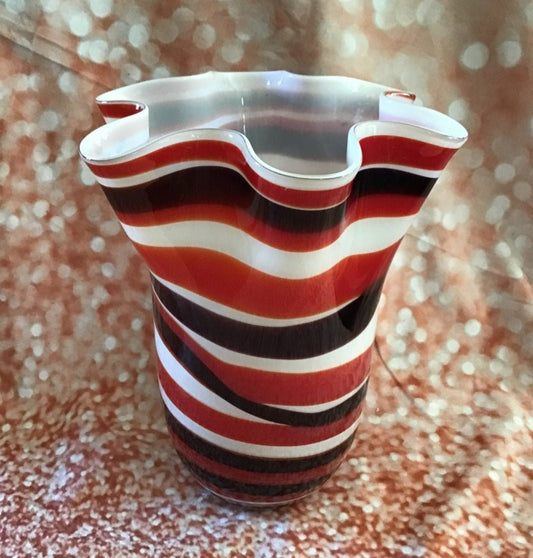 Art Glass Candy striped with black Ruffled Vase - I Bought a Yard Sale