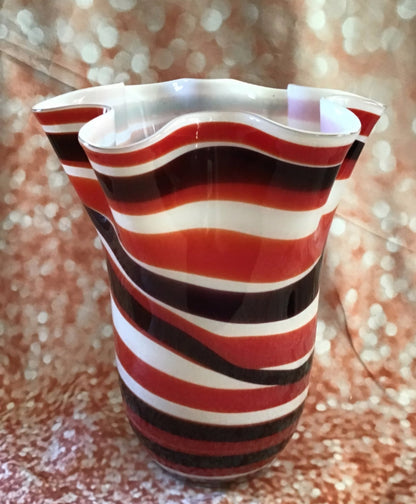 Art Glass Candy striped with black Ruffled Vase - I Bought a Yard Sale