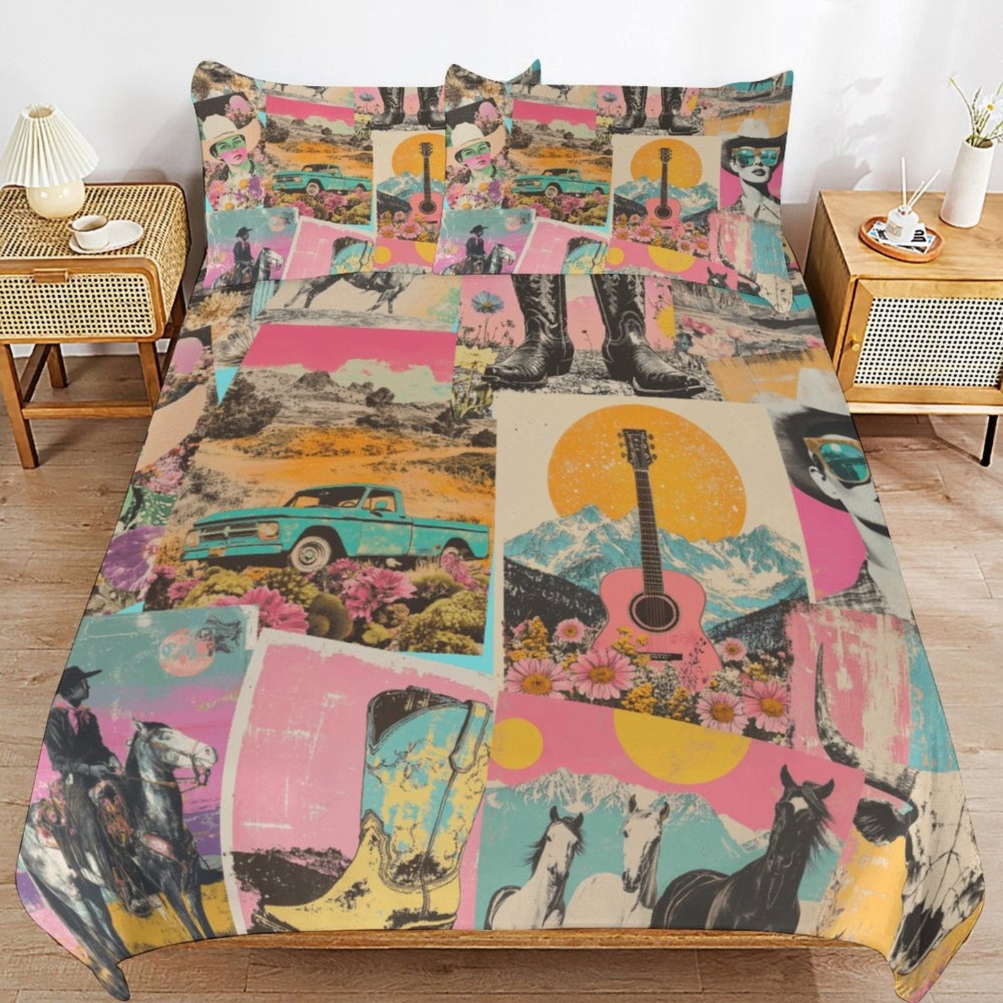 Baha Ranch Retro Pop Western 3 - Piece Bedding Set (1 Duvet Cover + 2 Pillow Shams) – 102"×90" - I Bought a Yard Sale