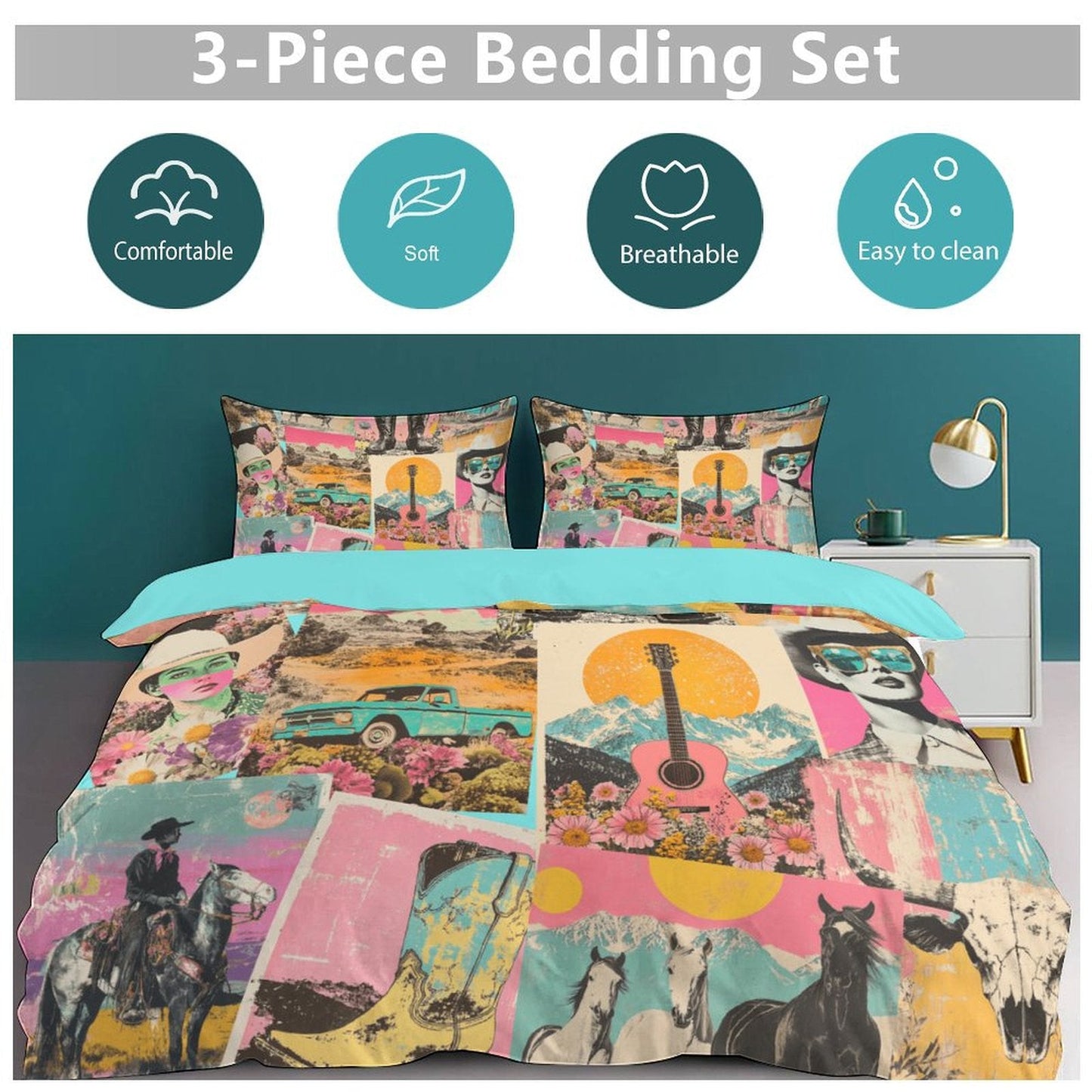Baha Ranch Retro Pop Western 3 - Piece Bedding Set (1 Duvet Cover + 2 Pillow Shams) – 102"×90" - I Bought a Yard Sale