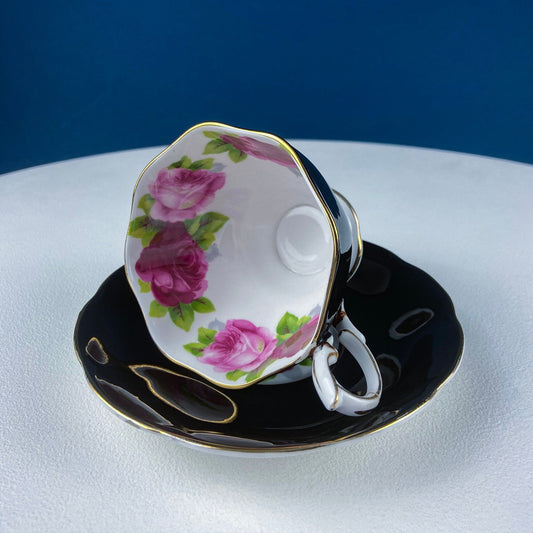 Black Cup and Saucer with Roses on White Background Inside the Cup. Royal Albert Old Country Rose Tea Set. Hand Painted Pink & Red Roses. - I Bought a Yard Sale