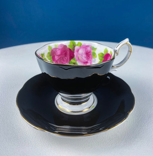 Black Cup and Saucer with Roses on White Background Inside the Cup. Royal Albert Old Country Rose Tea Set. Hand Painted Pink & Red Roses. - I Bought a Yard Sale