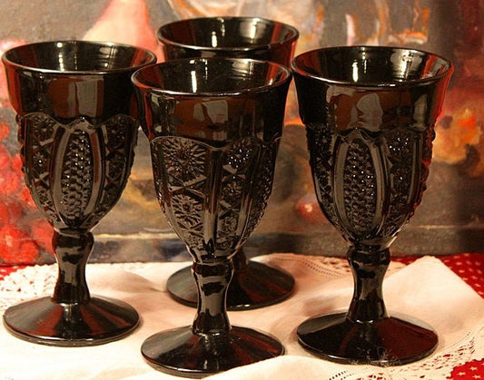 Black Goblets Pressed Glass Ornate Water of Wine Goblets - I Bought a Yard Sale